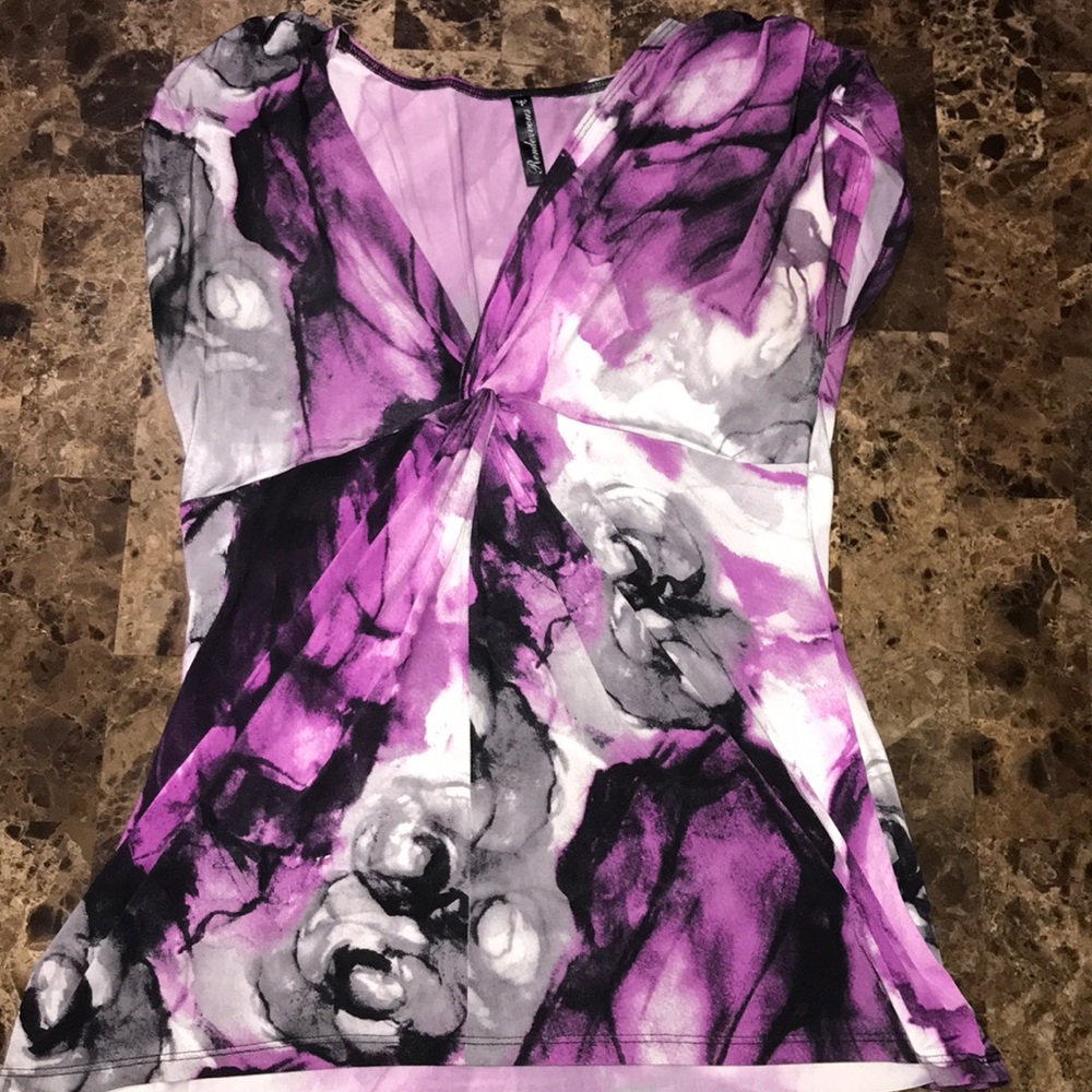 purple, black, white, and grey blouse with tie